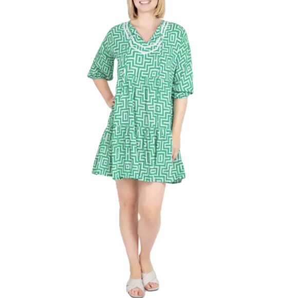 Ruby Rd. dress Women's XL Green white trellis print Split neck 3/4 puff sleeves - Picture 1 of 16
